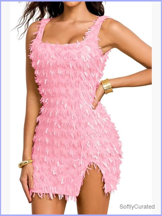 Dresses & Skirts - Sequin Fringe Mini Dress, Square Neck Bodycon Tassel Cocktail Dress with Slit